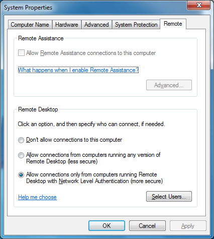 Windows 7 - "System Properties" dialog -Remote tab