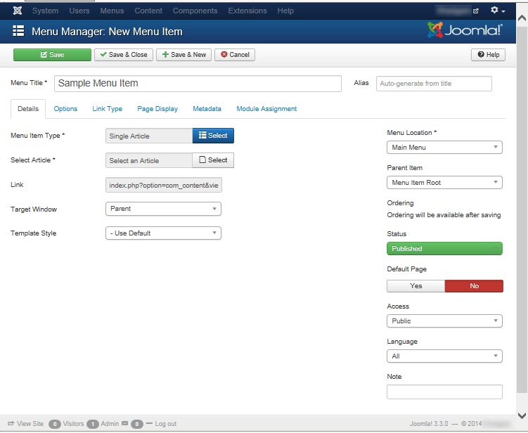 Joomla 3 - "Menu Manager: New Menu Item" titled "Sample Menu Item"