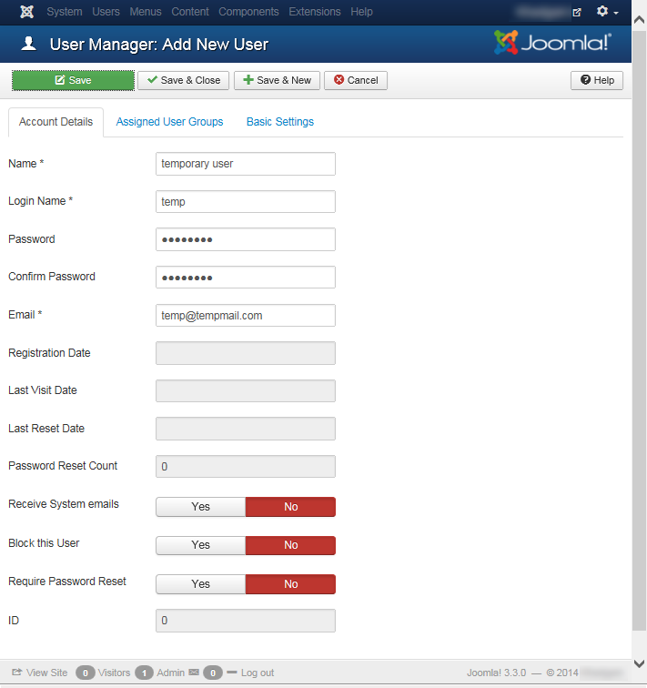 Joomla 3 - "User Manager: Add New User" page