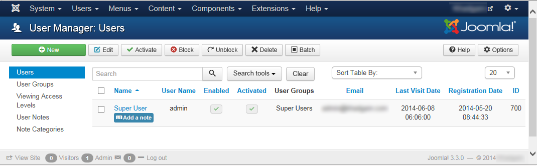 Joomla 3 - "User Manager: Users" page