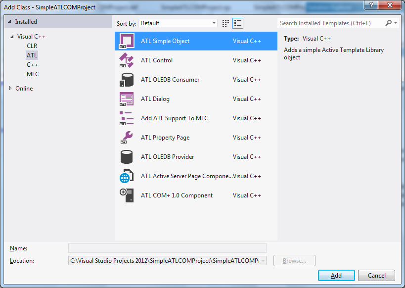 Visual Studio 2012 - "ATL COM Project" - "Add Class" dialog