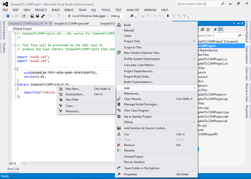 Visual Studio 2012 - "ATL COM Project" - "Solution Explorer" - "Add" - Sub menu