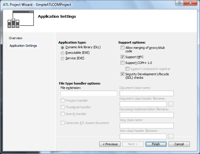 Visual Studio 2012 - "ATL Project Wizard" - "Application Settings" wizard