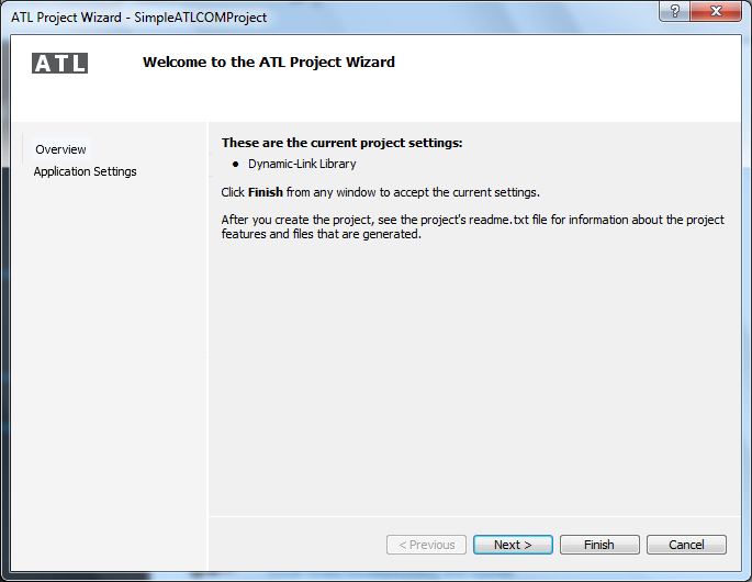 Visual Studio 2012 - "ATL Project Wizard" - Overview wizard