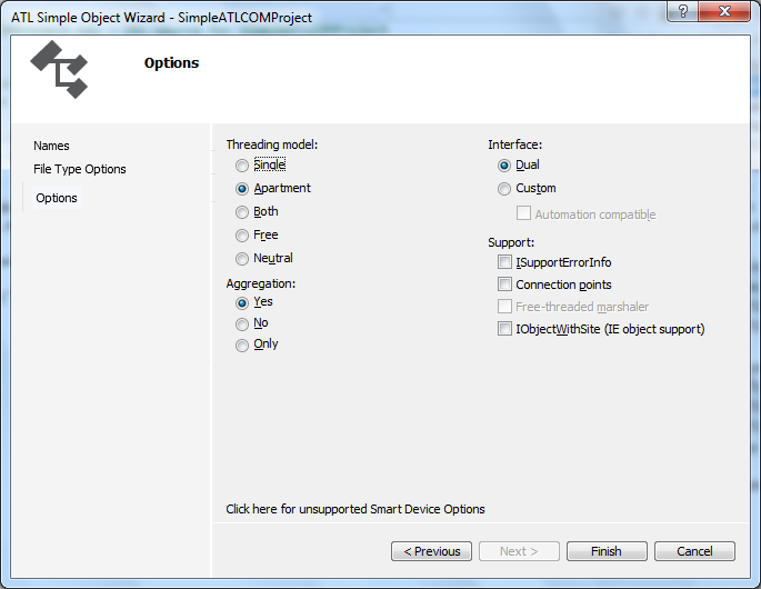 Visual Studio 2012 - "ATL Simple Object Wizard" - "Options"