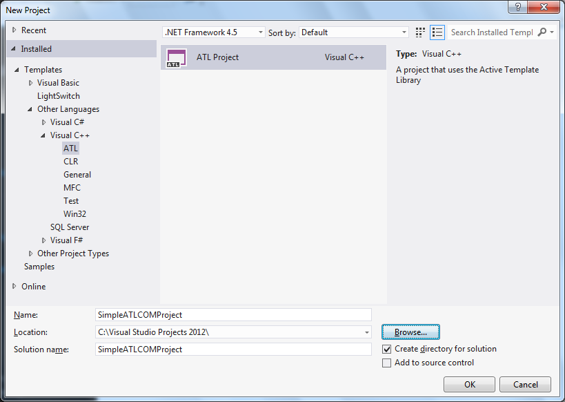 Visual Studio 2012 - "New Project" dialog - "ATL Project" template
