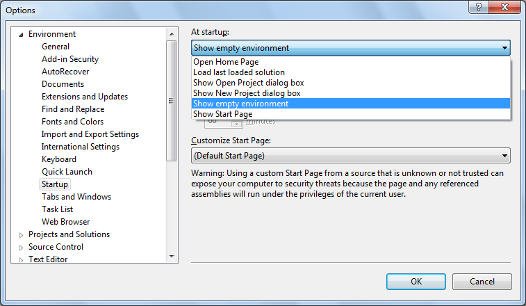 Visual Studio 2012 - Options dialog - "Show empty environment"