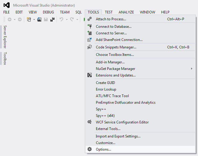 Visual Studio 2012 - Tools menu