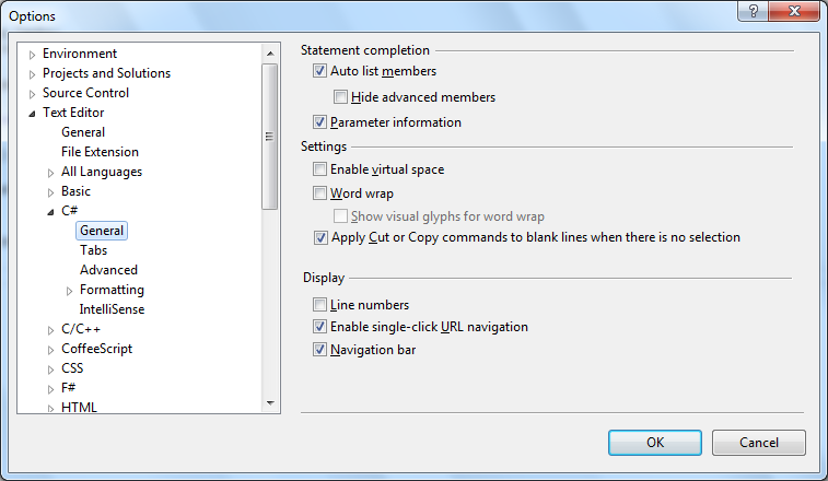 Visual Studio 2012 - "Visual C#" General options