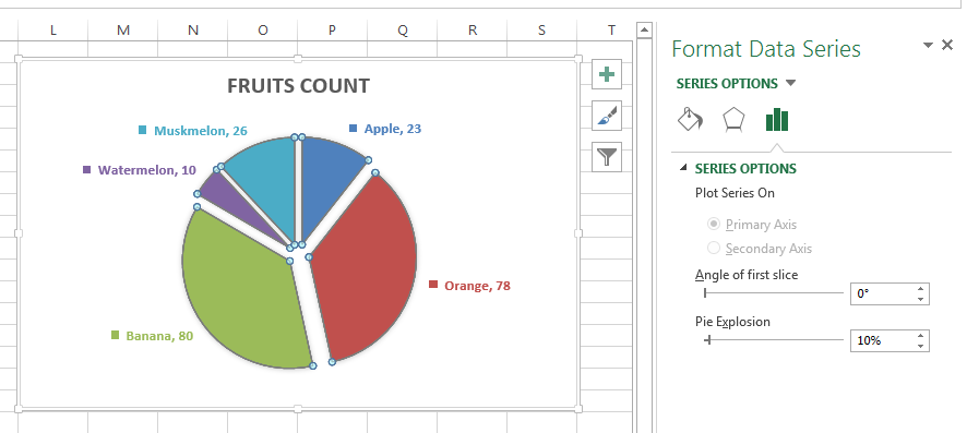 Microsoft Excel 2013 - Pie Chart - Series Options - Pie Explosion field