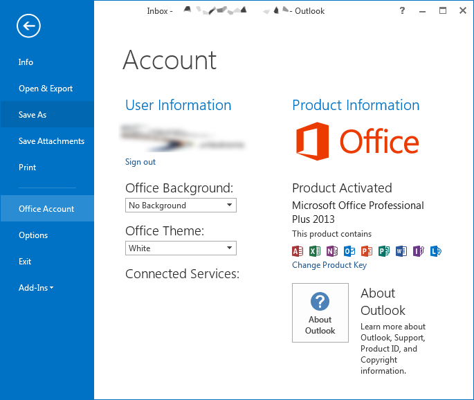 Microsoft Outlook 2013 - Account Information pane