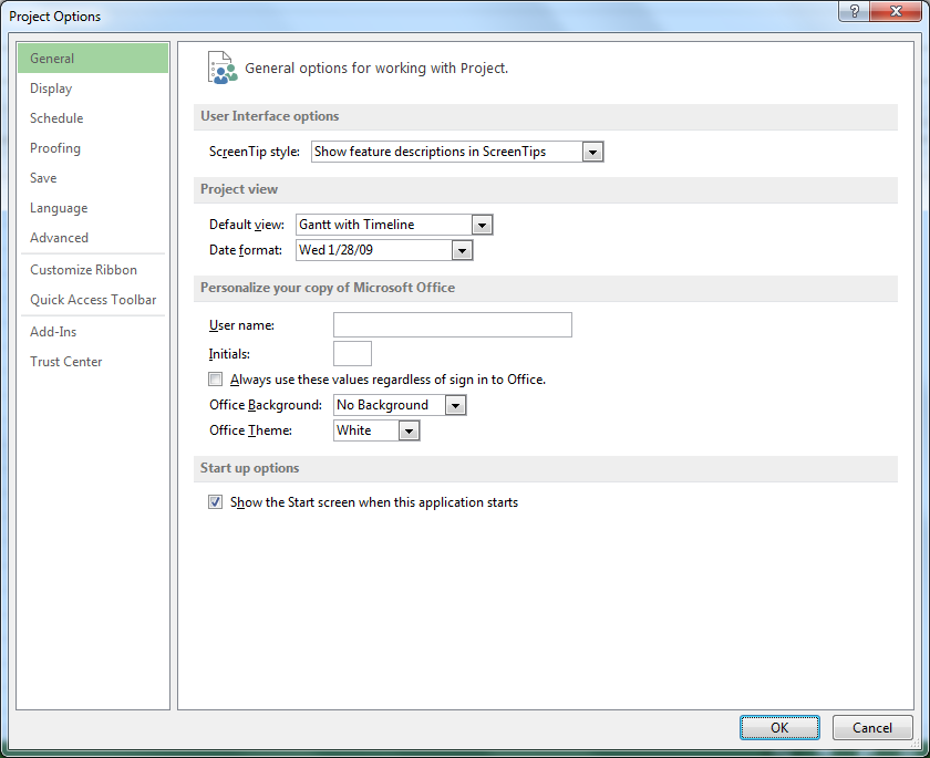 Microsoft Project 2013 - Project Options dialog