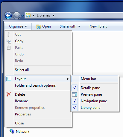 Windows Explorer - Organize - Layout menu