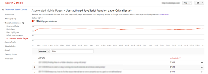 AMP - User-authored JavaScript found on page - List of AMP URLs