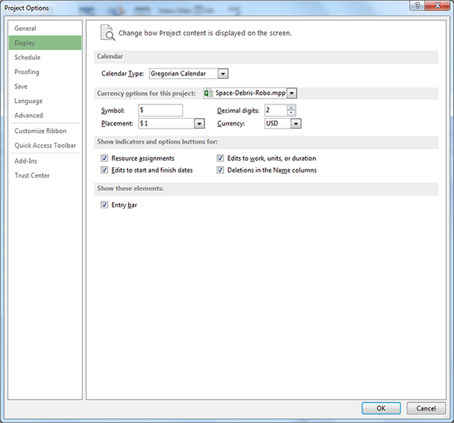 Microsoft Project 2013 - Project Options - General tab