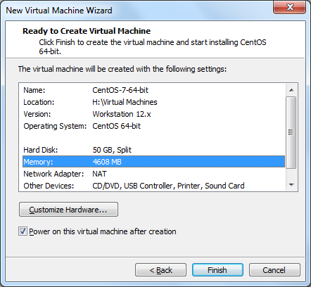 VMWare Workstation 12 - Review Settings (4.5 GB Memory)