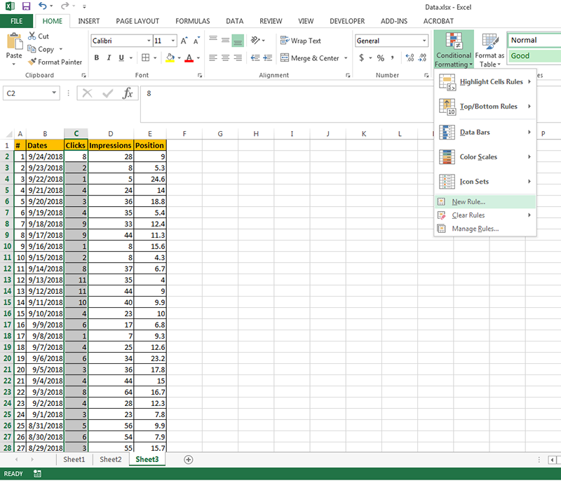 Microsoft Excel 2013 - Conditional Formatting menu