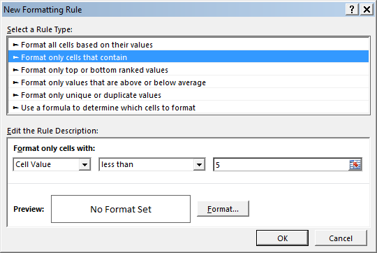 Microsoft Excel 2013 - New Formatting Rule dialog