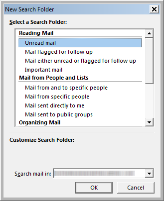 Microsoft Outlook - New Search Folder dialog