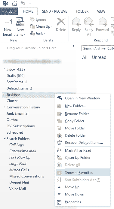 Add folders to Favorites in Outlook