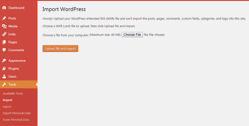 WordPress - Choose file to Import