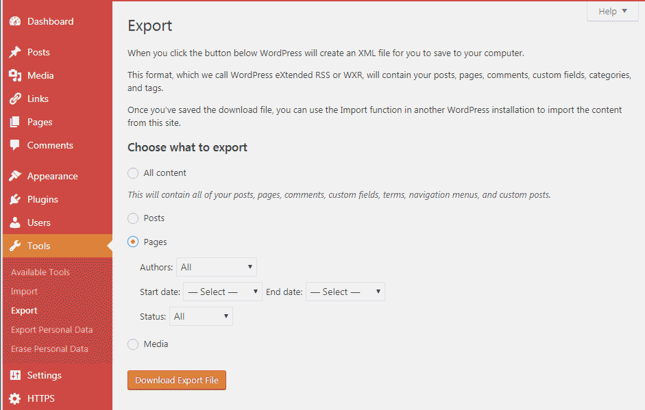 WordPress - Tools - Export Pages