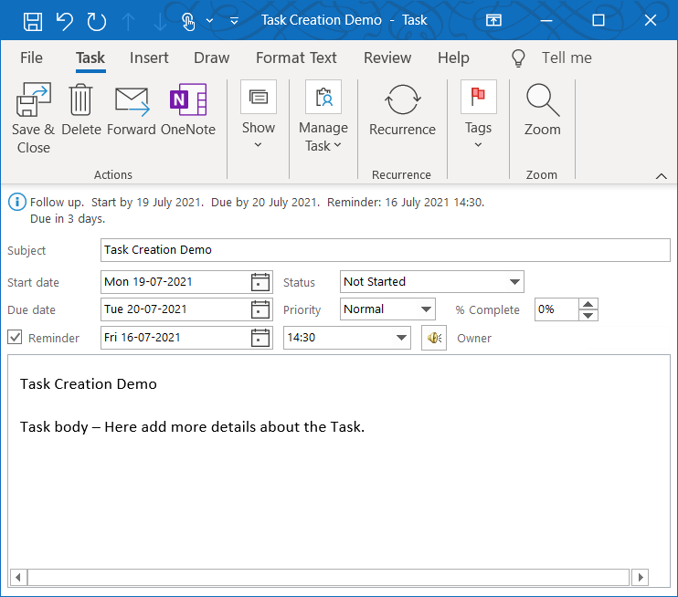 Microsoft Outlook Task window