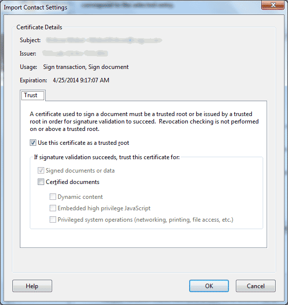 Adobe Reader - Import Contact Settings window