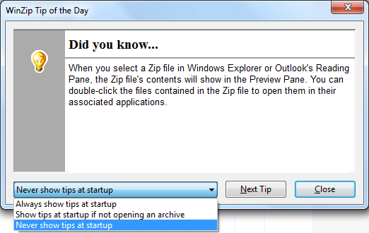 WinZip – Display or hide “Tip of the Day” dialog at application startup