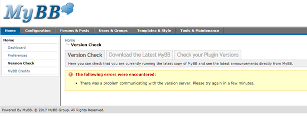 MyBB : How to fix the error “There was a problem communicating with the version server. Please try again in a few minutes” ?