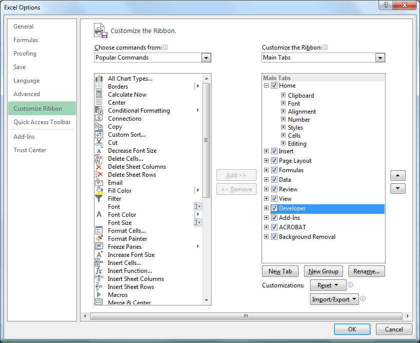 add developer tab excel 2013