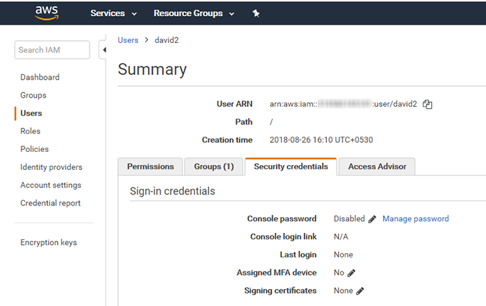 AWS Management Console - User Security Credentials