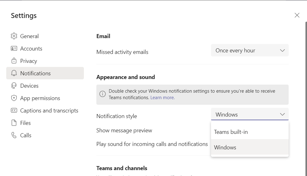 Microsoft Teams - Notifications settings
