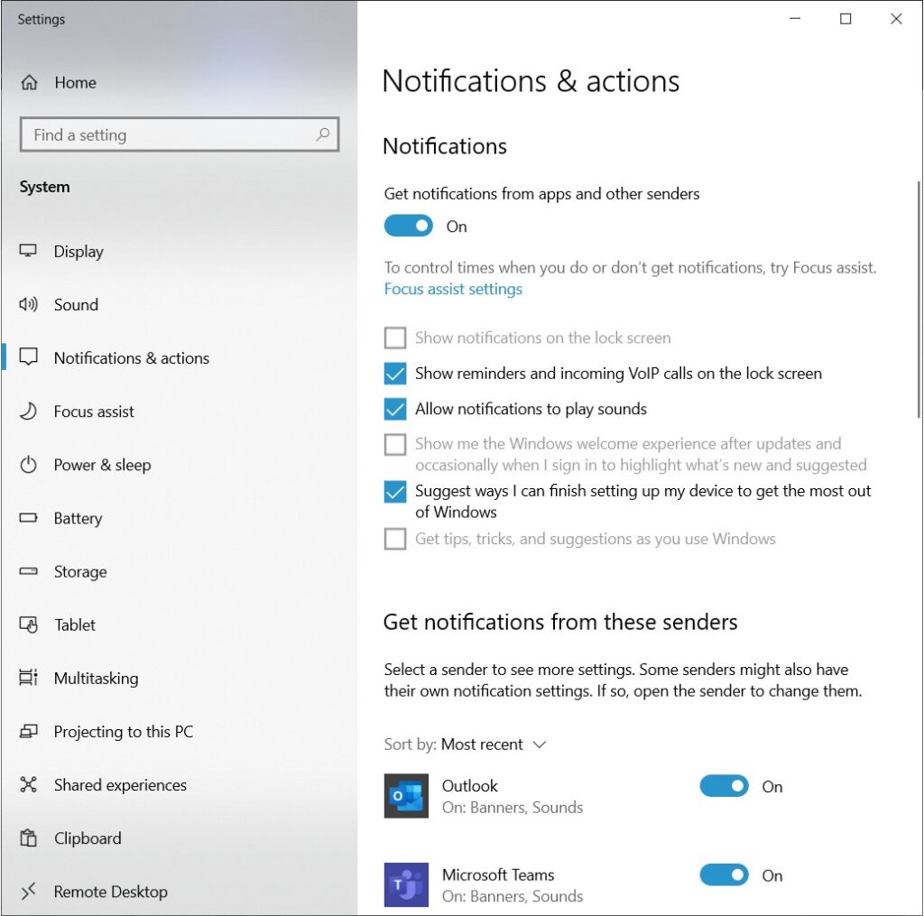Notifications Setting in Windows 10
